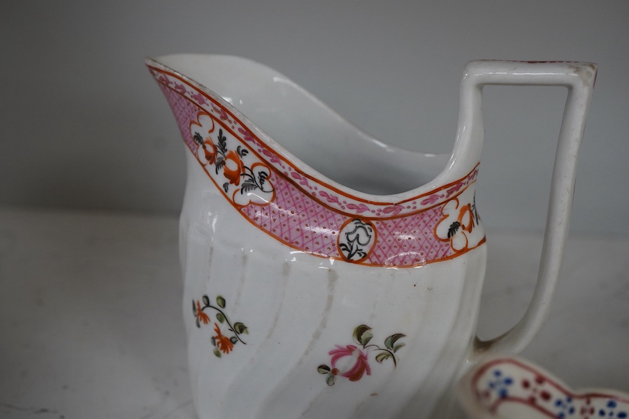 Seven pieces of 18th century New Hall porcelain including jugs, tea bowls, etc.